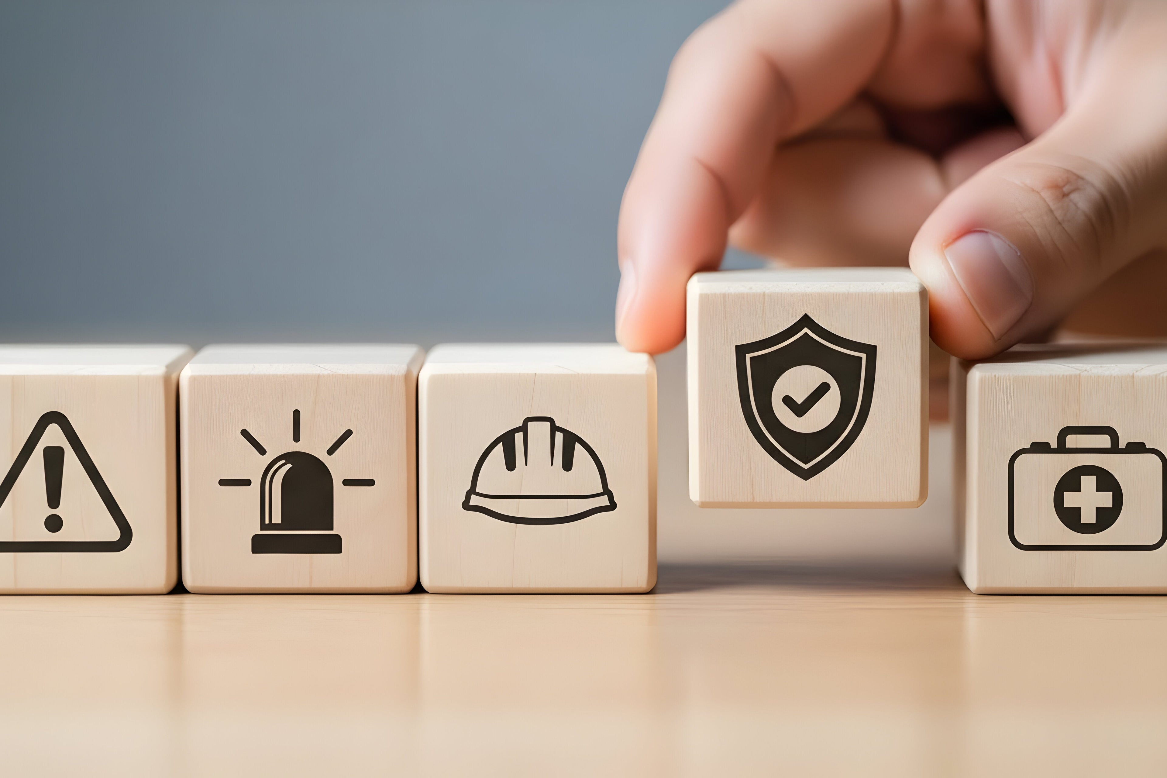 A close-up of a hand placing a wooden block with a shield and checkmark icon onto a row of wooden blocks with warning, alarm, hard hat, and first-aid kit icons on a light wooden surface.